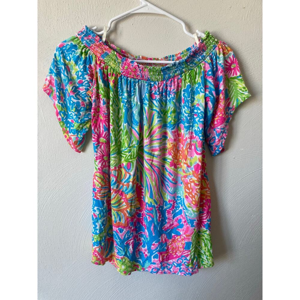 EUC Lilly Pulitzer Almeria Lovers Coral Stretch Off the Shoulder Top Bright XS - Picture 9 of 13